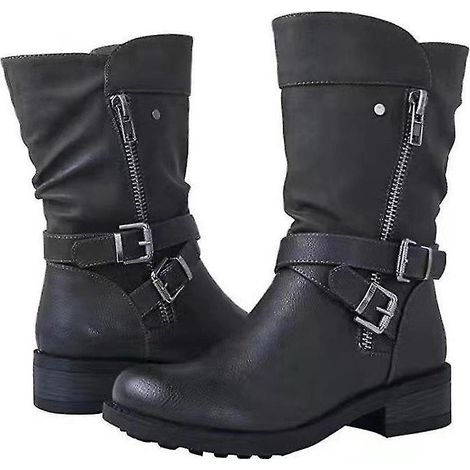 Bottes motardes mi-mollet pour femme, largeur large, fermeture éclair et boucle - Pointure 35 - Noir (1/3)