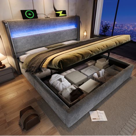 DESVIAE Lit hydraulique avec tête de lit haute rangement LED USB Type C 180 x 200 cm gris tissu effet lin (1/5)