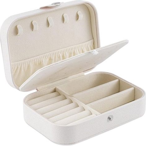 Doppellagige Schmuckschatulle aus Leder für Damen und Mädchen, geeignet für Ohrringe, Ringe und Halsketten, weiß, kompakt und elegant, 1 Stück (1/5)