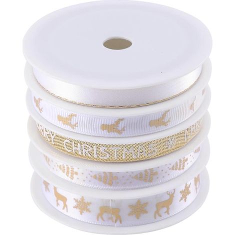 rouleaux de ruban imprimé de Noël de 25 m de long, ruban décoratif pour emballage cadeau et loisirs créatifs (blanc et doré)-8x8x8cm-White