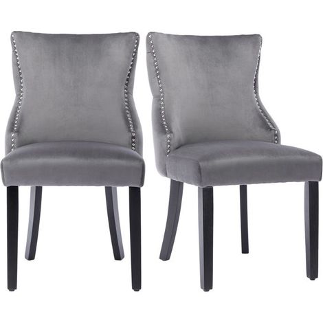 Lot de 2 chaises salle à manger velours gris, pieds bois massif, capitonnées – 50×52×91 cm (1/5)