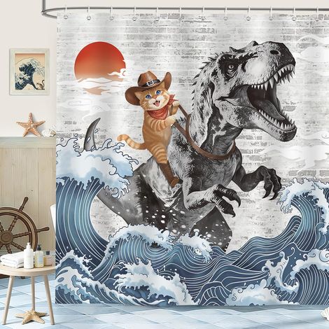 Drôle Chat Rideau de Douche 180x200 cm Dinosaure Océan Vague Rideaux de Baignoire Tissu Polyester Imperméable pour Salle de Bain Lavable en Machine avec 12 Crochets (1/5)