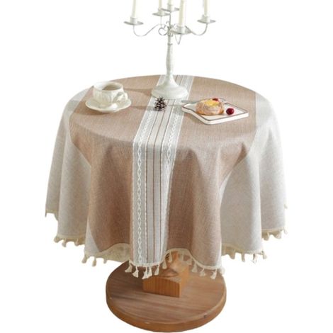 Nappe ronde kaki – Lin et coton – 120 cm – Lavable – Pompons – Antitache – Fêtes et salle à manger (1/5)