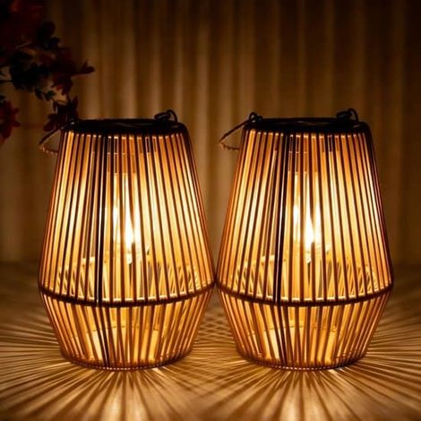 BelleRise - Lot de 2 lampes de plafond extérieures en rotin tressé à la main, alimentées à l'énergie solaire - Étanchéité IP65 - Marron (1/5)
