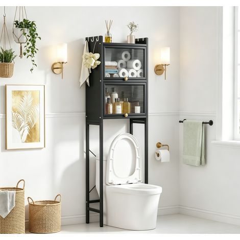 WILITTO Armoire de rangement pour toilettes à 3 niveaux, 2 espaces de rangement, portes d'armoire en PVC, installation sans perçage, cadre en métal,50×25×165cm,noir,Adapté aux petites salles de bains (1/5)