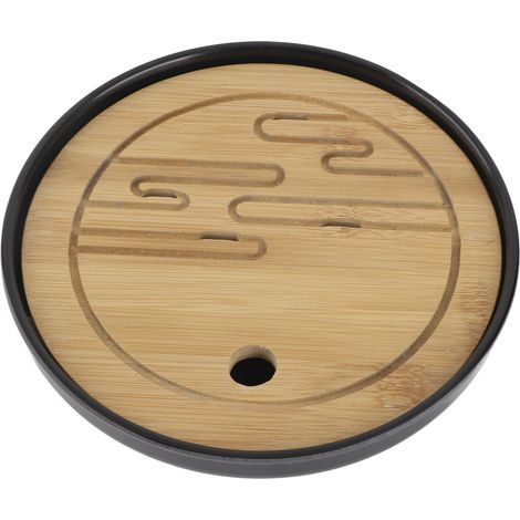 Plateau à thé rond en bambou avec socle melamine, bac de récupération d'eau, set de service thé pour maison, 8 pouces (1/5)