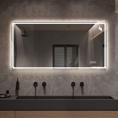 Miroir salle de bain LED, miroir mural sans cadre, double éclairage, tactile, 3 couleurs, antibuée, 60x120 cm, argent (1/5)