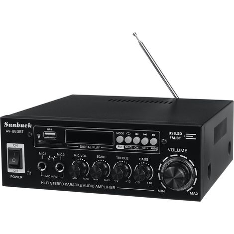2000W 220V+DC12V Car Home bluetooth5.0 FM Audio Amplificador de potencia Mezclador 5 Band EQ Stereo AMP AUX SD+USB+2 Entradas de micrófono con control remoto (Negro Enchufe de la UE) Coxolo