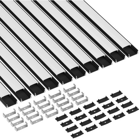 Profilé LED Noir, Profilé Alu pour Ruban LED 10 x 40CM avec Couvercle PC Laiteux, Embouts et Clip de Montage (10 PACK) (1/5)