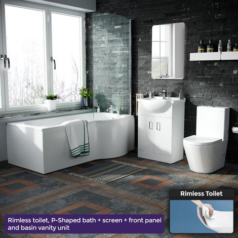 Warton P-Shaped Right Handed Bath, 550mm Vanity Basin Unit, WC Unit and Toilet Suite White (1/5)