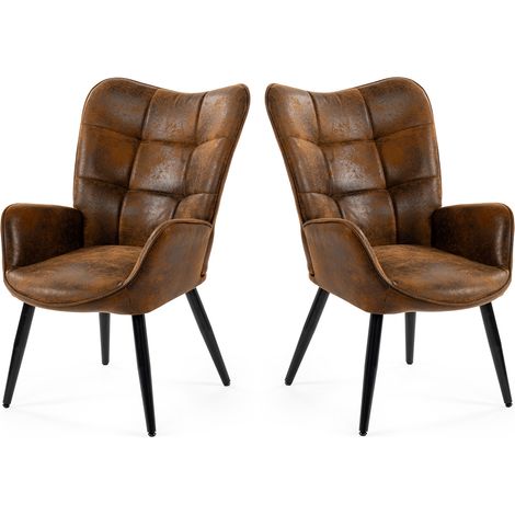 MEUBLES COSY Ensemble deux pièces de style nordique comprenant un fauteuil de salon/chambre/coiffeuse, avec accoudoirs et assises épais, pieds en métal et revêtement en daim marron. (1/5)