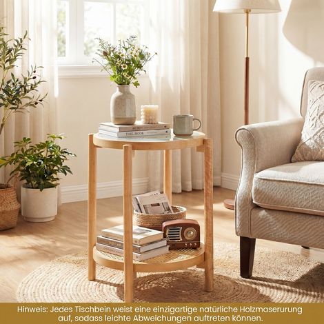Round Side Table 2-Tier Boho End Table with Tempered Glass Top-Natural (1/5)