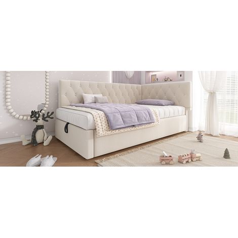 Daybed 90x190cm con sofá cama L-Forma, almacenamiento hidráulico, Velvet Beige, sin colchón (1/5)