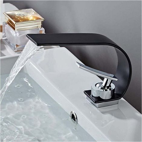 Waterfall bathroom faucet, single-handle brass basin mixer tap, single-hole basin tap, deck-mounted basin tap with hot and cold water, chrome (black) (1/4)