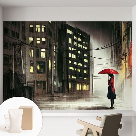 Papier peint intissé pour salon chambre à coucher peint imprimé pour mur - Colle incluse gratuite Ville pluvieuse 152x104 cm (1/5)