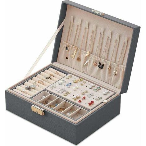 Verschließbare Schmuckschatulle aus Leder für Damen – 2-lagiges Reise-Schmucketui – Schmuck-Organizer – Kleines Schmuck-Aufbewahrungsetui (Grau)