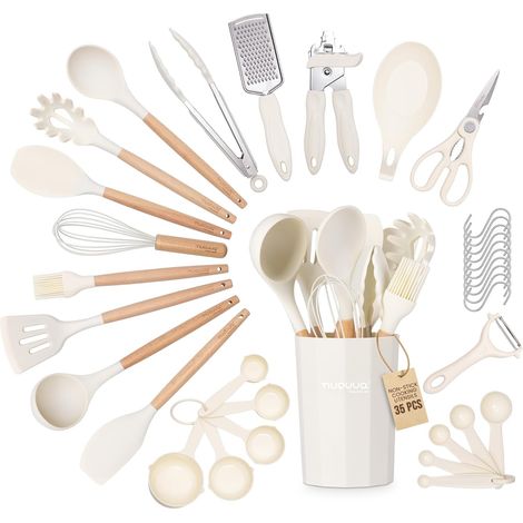 Set di 35 utensili da cucina in silicone con manico in legno, spatola resistente al calore, mestolo, paletta, portautensili e gancio, colore crema. (1/5)