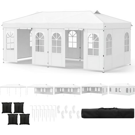 COSTWAY Gazebo da Esterno Pieghevole 3 x 6 m, Tendone Resistente e Regolabile in Altezza con Pareti Rimovibili, Striscie Riflettenti, Sacchi di Sabbia e Borsa, per Fiere, Feste e Campeggio (Bianco) (1/5)