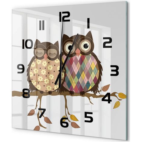 Grande Horloge Murale Carrée en Verre Trempé Moderne Silencieuse Sans Tic-Tac Deux hiboux sur une branche 60x60 cm (1/5)