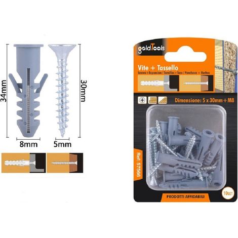 Kaela - Set 10pz Viti Vite Croce 5x30 Mm + Tasselli Con Alette Tassello M8 Fischer 57566 - (1/2)