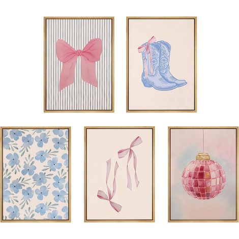 Set De 5 Affiches Bleu Et Rose avec des Boucles Coquettes, Bottes Décoratives, Art Mural Esthétique, Images Côtières, Décoration Tendance pour Chambre De (1/5)