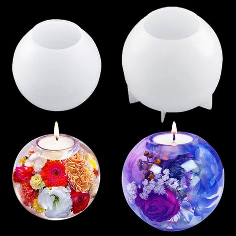 Moules Résine Epoxy Porte Bougie, Moules en Silicone Bougeoir Sphère, Resin Candle Holder Mold, Moules Chandelier pour Décoration de Table (2 Pcs Sphere Mold) (1/5)