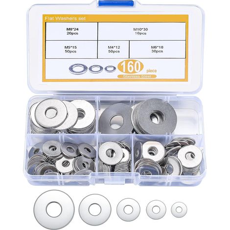 160 Pieces Stainless Steel Flat Washers, Lock Washer Spacers Assortment for Maintenance Industrial Fixed Screw Bolts - M4, M5, M6, M8, M10 (1/5)