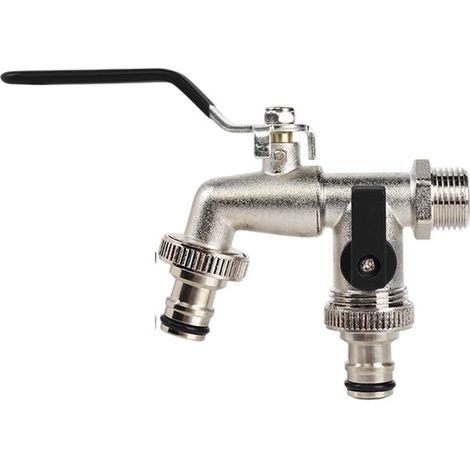 Robinet de jardin double, robinet de jardin double universel, résistant au gel et à la rouille, entrée de 1/2 pouce et 2 sorties de 3/4 pouce, ruban d'étanchéité inclus. (1/5)