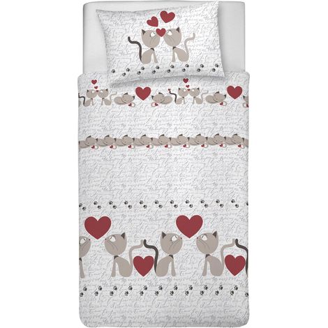 Parure de lit Simple 100% Coton, avec Sac 155 x 200 cm et 1 taie d'oreiller 52 x 82 cm, fabriquée en Italie, Housse de Couette Lavable en Machine à 40 °, Fantaisie Chatons Beige (1/2)