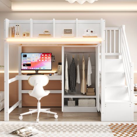 Letto a soppalco multifunzionale 90 x 200 cm, con scrivania, armadio e scaletta contenitore, dotato di illuminazione e prese a LED, sponda di sicurezza con ripiano, bianco (1/5)