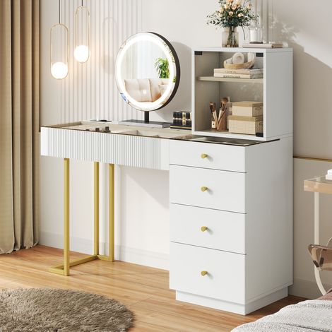 Tavolo da trucco moderno, piano in vetro, 120x40x120 cm, tavolo da trucco per camera da letto con specchio LED tricolore, 5 cassetti, 1 anta in vetro, vano portaoggetti, stile moderno, bianco (1/5)