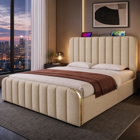 FLORAGRACE Lit coffre rembourré 160x200 cm en lin beige, tête de lit à bandes dorées, ports USB et USB-C (1/5)