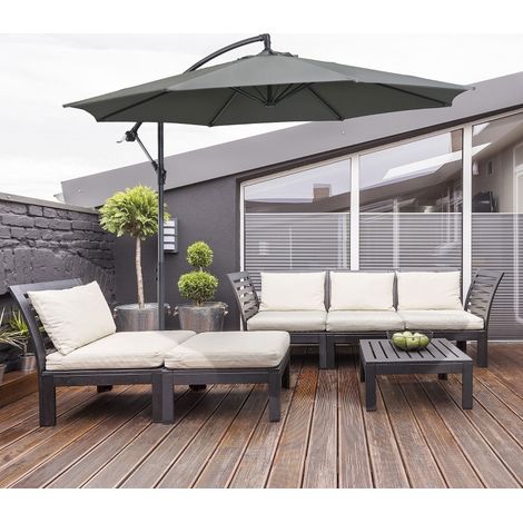 Parasol déporté carré avec manivelle, structure stable à 8 baleines et pied croisé, polyester gris (1/5)
