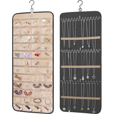 Organisateur de Bijoux à Suspendre avec Cintre Rotatif à 360 Degrés(83 cm/33 pouces Noir), Porte-collier Double Face Organisateur de Chaîne de Bijoux avec Grandes Poches Zippées et Crochets pour (1/5)