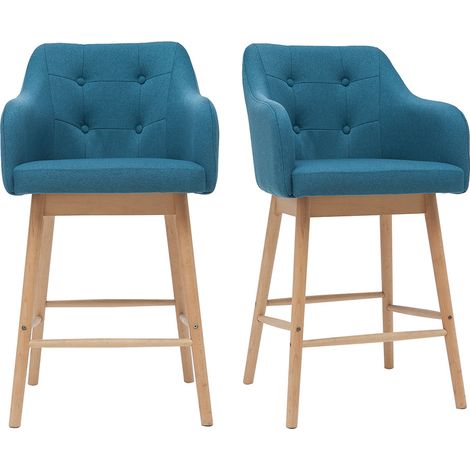 Miliboo – Tabourets de bar scandinaves bleu canard et bois H64 cm – Lot de 2 – Assise capitonnée en tissu – Piètement en hêtre massif (1/6)