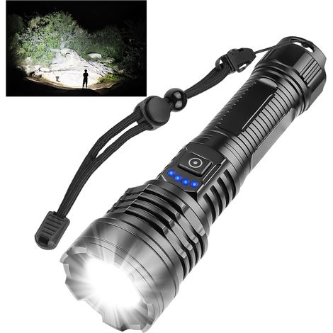 Lampe torche LED professionnelle 500 000 lumens super lumineuse – Lampe torche rechargeable avec batterie et câble USB, lampe torche tactique portable puissante, 5 modes pour camping (1/5)