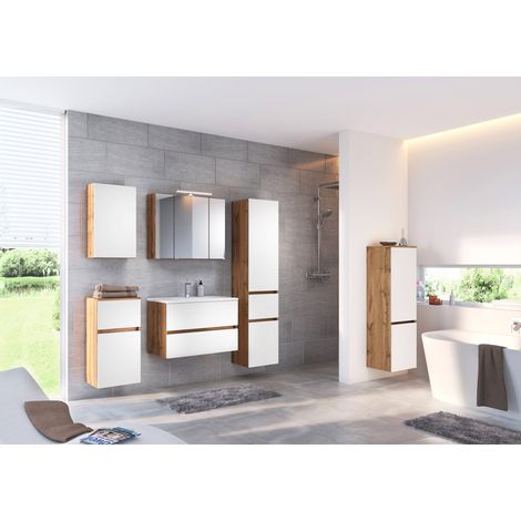 Badezimmer Komplett Set LOUROSA-03 in Wotaneiche Nb. mit matt weiß inkl. LED Beleuchtung, Mineralgussbecken, B/H/T: ca. 200/200/47 cm (1/5)