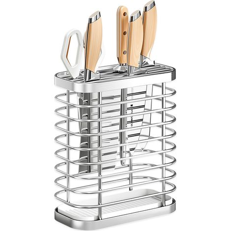 Porte couteau, Range couteaux de cuisine, avec bac d'égouttage amovible, Support mural sans perçage / Posé sur le comptoir, argent (1/5)