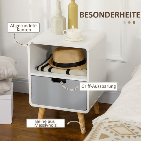 Table de nuit style nordique, grand tiroir, finition vernie hydrofuge, 40 x 38 x 58 cm, blanc (1/4)