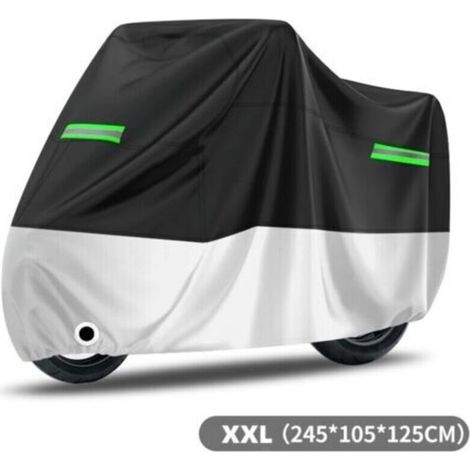 Wasserdichte Motorradabdeckung, Oxford-Gewebe, staubdicht, regendicht, schneedicht, UV-beständig, winddicht, sonnendicht, vogelkotabweisend, 245 x 105 x 125 cm, Schwarz + Silber, grüne Reflektorstreif