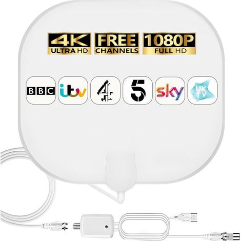 Antenne TV intérieure pour chaînes locales - Antenne HDTV numérique amplifiée 4K HD avec amplificateur de Signal - Longue réception 360° - Prise en Charge de Tous Les Types de TV (1/5)