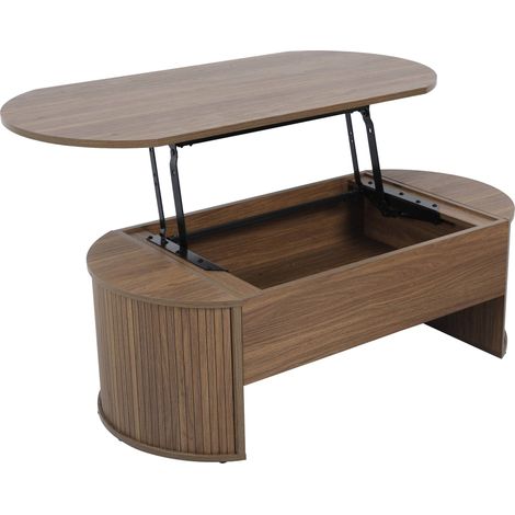 Oviala – Table basse relevable ovale en mélaminé effet bois – Dimensions 120x60x41cm – Espace de rangement 77x51,5cm – Charge max 50kg (1/5)