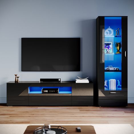 ELEGANT Living Room Set Modern High Gloss Fronts with LED Light, 1800mm TV Stand, Display Cabinet with Glass Shelf Tall Storage Cabinet, Black (1/5)