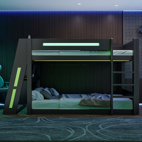 Lit superposé enfant 90 x 200 cm blanc avec toboggan design cabane fenêtre et toit garde-corps sommier à lattes pin MDF contreplaqué (1/5)