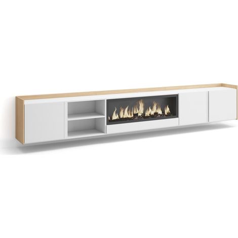 Skraut Home - Mueble TV, Televisión, Muebles de salón, almacenaje, 315x35x50cm, Para TV hasta 80", Chimenea eléctrica XXL, Colgado, Suspendido, Estilo Moderno, Blanco y roble soft (1/5)