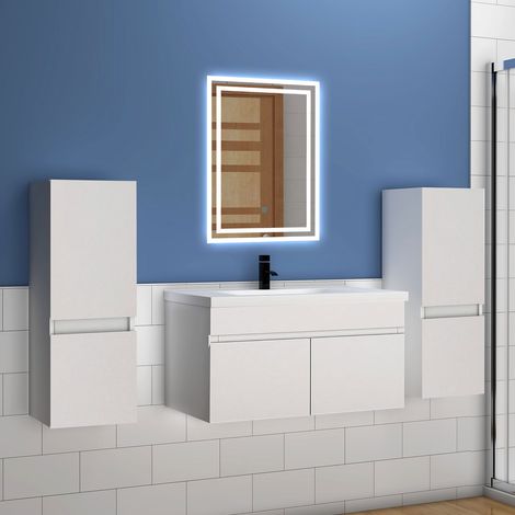 Acezanble (79,5(L)x45(L)x40(H)cm meuble de salle de bain blanc  +30(L)x30(L)x1100(H)cm meuble colonne de salle de bain suspendu 2 )2 portes +avec miroir 70x50 cm