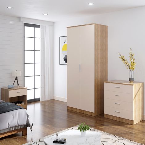 ELEGANT 3 Piece Bedroom Wardrobe Furniture Sets, 2 Door Soft Hinge Wardrobe, 4 Drawer Chest of Drawers, Beside Cabinet, Cream/Oak (1/5)