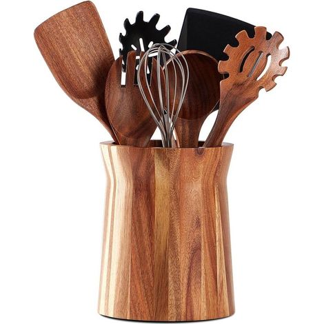 Soporte para utensilios de cocina,Soporte de madera para cubiertos para encimera,Madera de acacia,15 cm de ancho,18,5 cm de alto (1/5)
