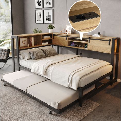 Letto estraibile 120x200 cm con vano contenitore, ante scorrevoli e ricarica USB, metallo e legno nero naturale (1/5)