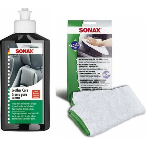 Kit - Entretien cuir et textile - Sièges de voiture - Lotion et chiffon microfibres - SONAX